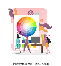 Typography services, vector illustration. Huge palette and micro characters expert designers helping customer to select color. Polygraphy, printing house composition for web banner, website page etc.