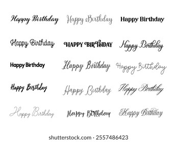 Typography set with hand drawn Happy Birthday lettering. Isolated calligraphy collection for card, banner, invitation and poster. Black and white