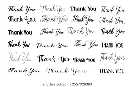 Typography set with hand drawn thank you lettering. Isolated calligraphy collection for card, banner, invitation and poster. Black and white