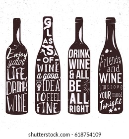 Typography Set Of Wine Bottle Silhouette With Lettering. Vector Handwriting Illustration Designed For Advertising Bar Or Pub Menu, Prints, Poster, Banner And Labels Creations.