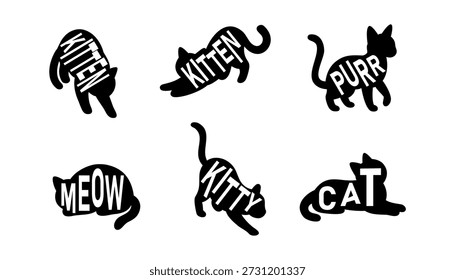 Typografie Silhouetten von Katzen mit Worten. Kreative schwarze Vektorgrafiken, die Tiere und Text kombinieren