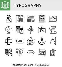 typography simple icons set. Contains such icons as Graphic design, Biker, Layout, Poster, Wedding certificate, Design, Q a, Samba, Letter, can be used for web, mobile and logo