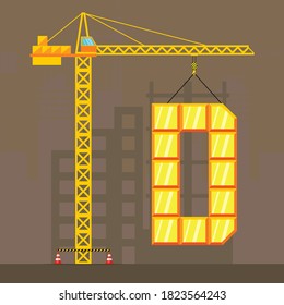 Tipografía de la letra única D mayúscula y grúa en torre en la ilustración gráfica de construcción.