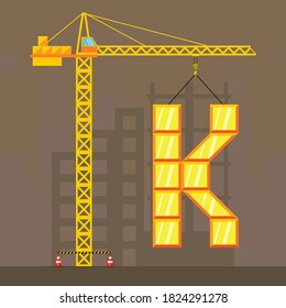 Typography of single letter K capital and tower crane in under construction graphic illustration.
