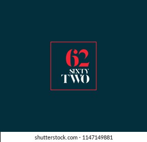 Typography sixty two, Digit 62 logo icon vector template. 
