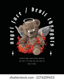 typography slogan with angel bear doll burning vector illustration on black background