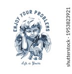 typography slogan with antique angel statue DJ in headphone illustration