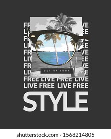 typography slogan with beach view in sunglasses illustration