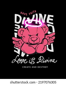 typography slogan with bear doll angel vector illustration on black background