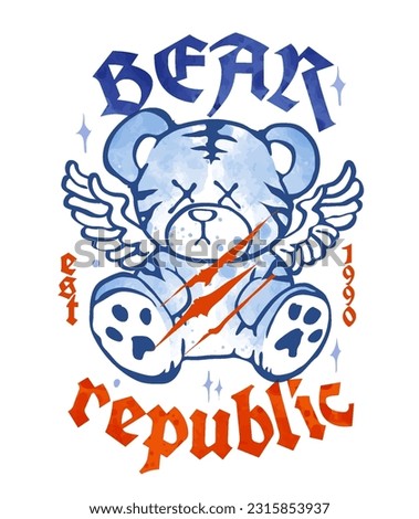 typography slogan with bear doll with angel wings graphic vector illustration