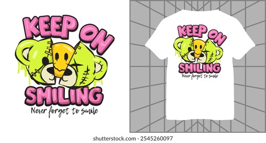 tipografia slogan urso cabeça de boneca metade com sorriso emoji dentro, ilustração vetorial para design de camiseta