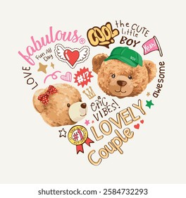 typography slogan with bear doll heads in heart shape vector illustration