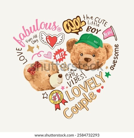 typography slogan with bear doll heads in heart shape vector illustration