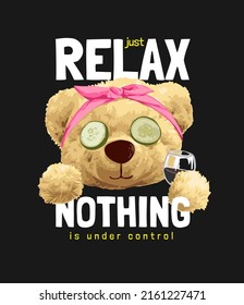 typography slogan with bear doll in pink headband and cucumber on eyes on black background