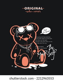 eslogan tipográfico con muñeca de oso con gafas de sol ilustración vectorial gráfica sobre fondo negro