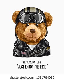 typography slogan with bear toy in biker costume illustration