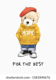 typography slogan with bear toy in sweater illustration