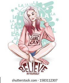 Typography slogan believe in yourself with girl in pink t-shirt and pink hair