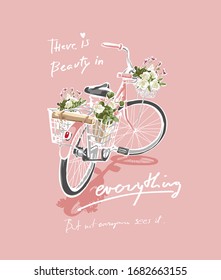 typography slogan with bicycle and flowers illustration on pink background