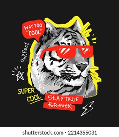 typography slogan with black and white tiger in sunglasses vector illustration