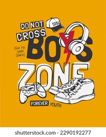 typography slogan with boy sneakers and headphone graphic vector illustration