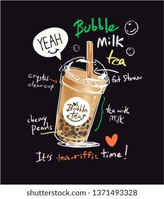 typography slogan with bubble tea illustration 