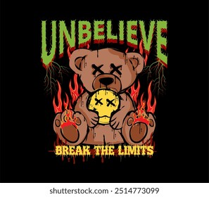 typography slogan with burning teddy bear illustration holding emoji smile icon in grunge style for print design, t shirt, streetwear, hoodie and more