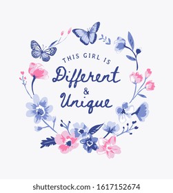 typography slogan with butterflies and flower wreath illustration