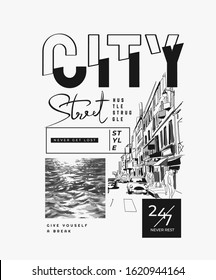 typography slogan with b/w city landscape sketch illustration