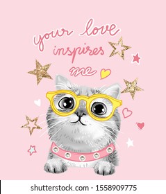 typography slogan with b/w cute cat in glasses and glitter stars illustration