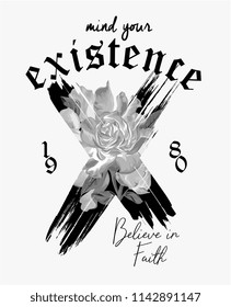 typography slogan with b/w flower illustration