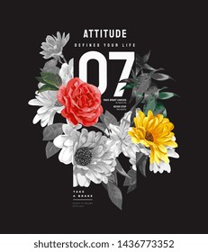 typography slogan with b/w flower illustration