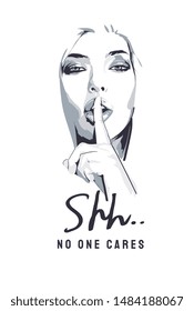 Typography Slogan With B/w Girl Shh Illustration