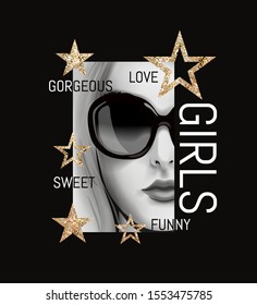 typography slogan with b/w girl in sunglasses illustration and gold glitters