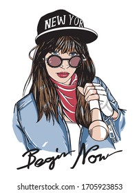 typography slogan with b/w girl in sunglasses illustration