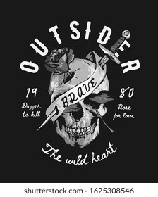 typography slogan with b/w skull and rose illustration