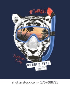 typography slogan with b/w tiger face in snorkel mask illustration