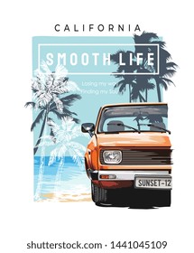 typography slogan with car on the beach illustration