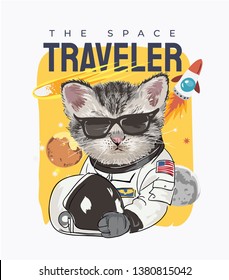 typography slogan with cartoon cat in astronaut costume illustration