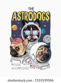 eslogan tipográfico con perros de dibujos animados vestidos de astronauta ilustración