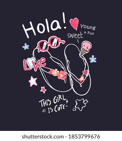 typography slogan with cartoon flip flop and cute icons illustration, hola is Spanish word for "Hello"