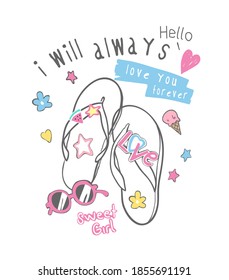 typography slogan with cartoon flip flop and colorful cute icons illustration