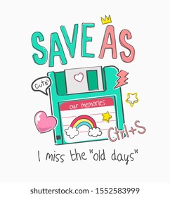 typography slogan with cartoon floppy disc and colorful icons illustration