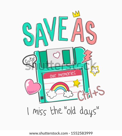 typography slogan with cartoon floppy disc and colorful icons illustration