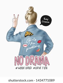 typography slogan with cartoon girl in denim jacket and cute icons illustration