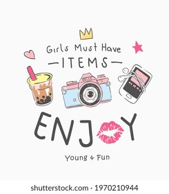 typography slogan with cartoon girl items vector illustration