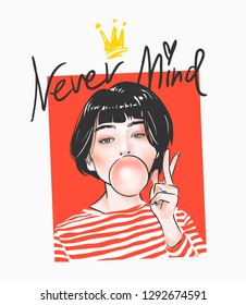 typography slogan with cartoon girl in stripe tee illustration