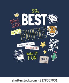 typography slogan with cartoon icons vetor illustration for boy fashion print