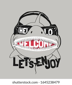 typography slogan with cartoon shark and zipper mouth illustration