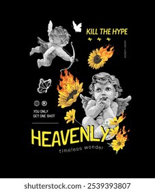 typography slogan with cherub angels and burning flowers vector illustration on black background